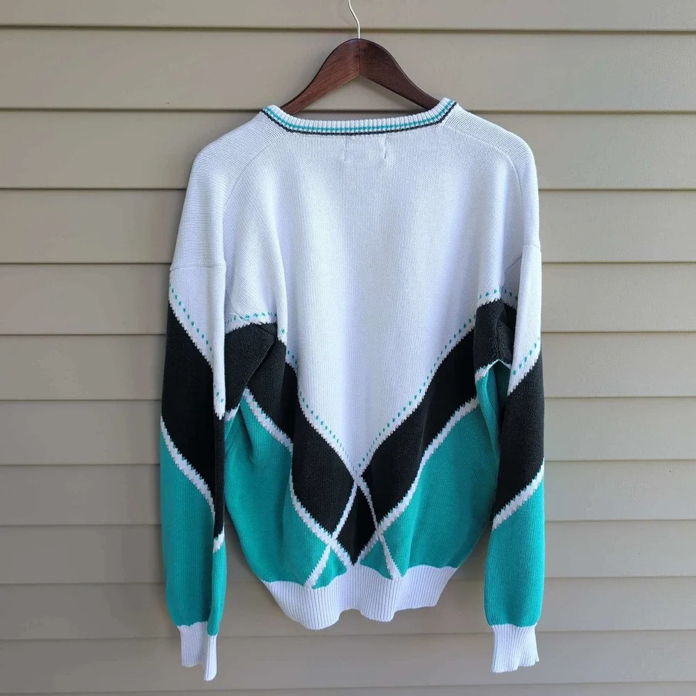 La Mode V-Neck Sweater Mens XL White Teal Black Geometric Handknit Cotton